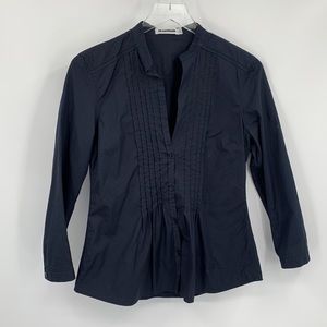 Jil Sander pintuck poplin blouse shirt top navy blue button Italy women XS